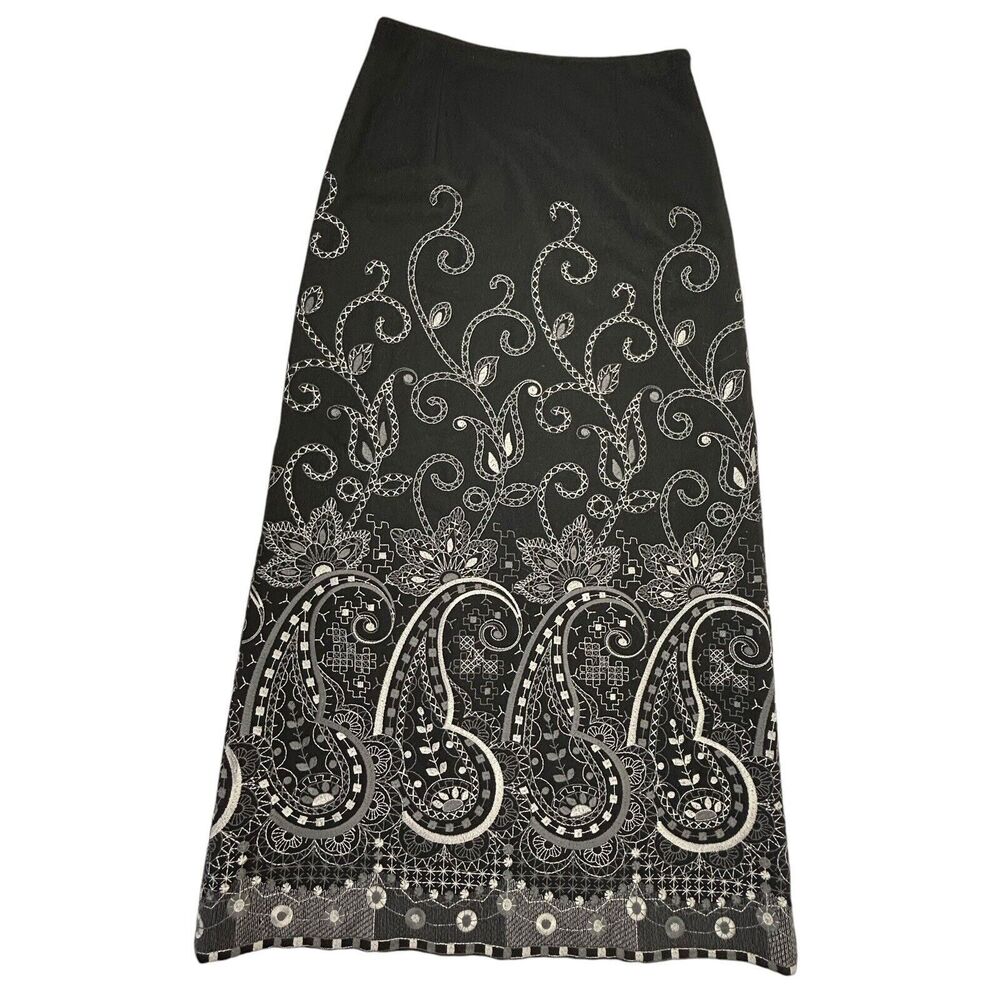 Talbots Embroidered Wool Blend Maxi Skirt Women Size 8 Black Gray A-Line Paisley
